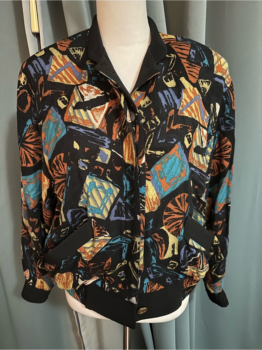 Vintage Helen Designer Sportswear Rayon Abstract Print Bomber Jacket Women's S